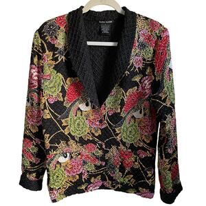 Tania Nardi Reversible Jacket Sz S Button Up Crinkle Texture Floral Black Artsy